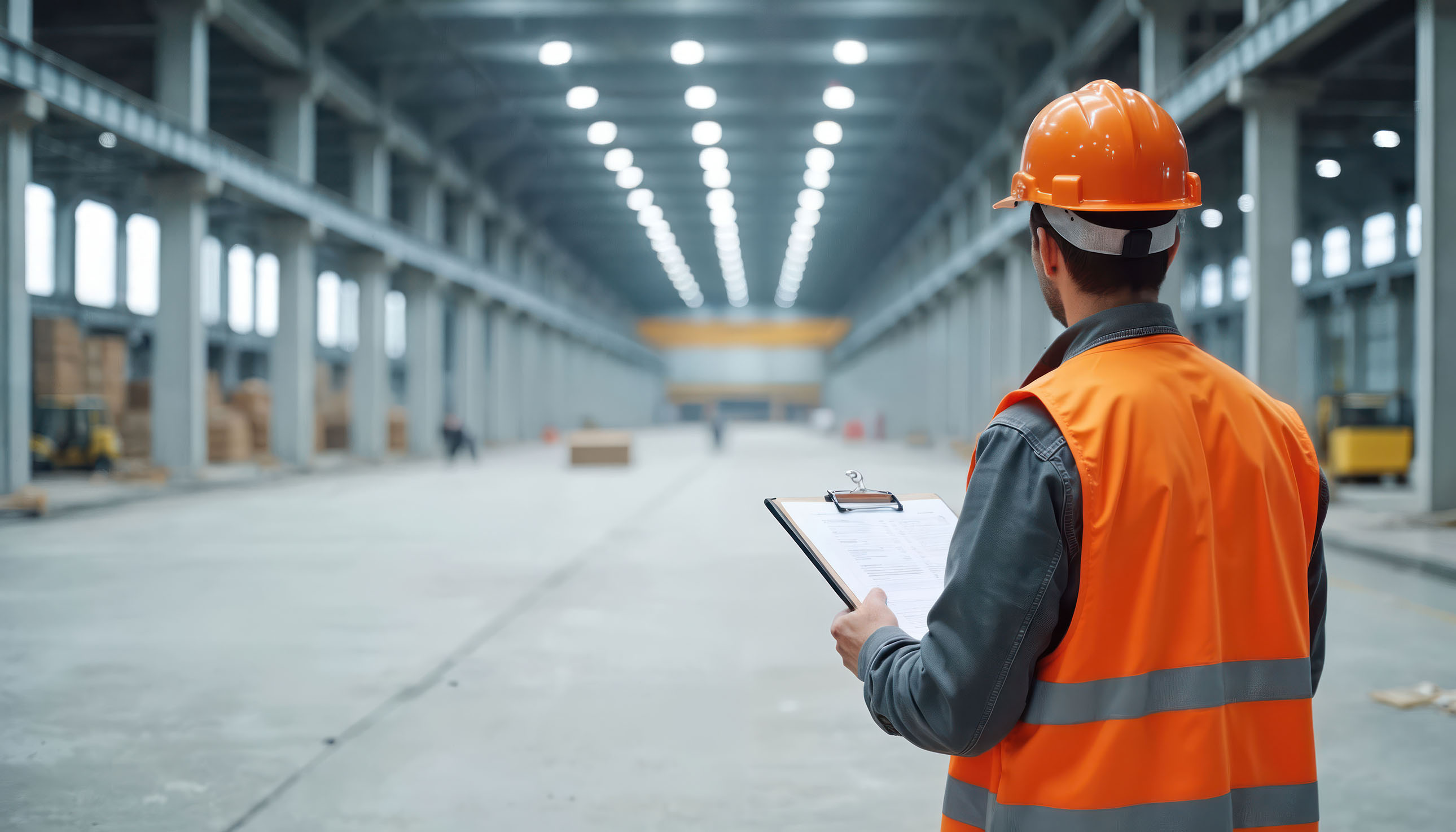 Chartered surveyor in hi-vis inspecting a large commercial warehouse with a clipboard